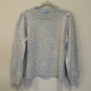 CeCe Light Grey Sweater with Pearl Collar Detail